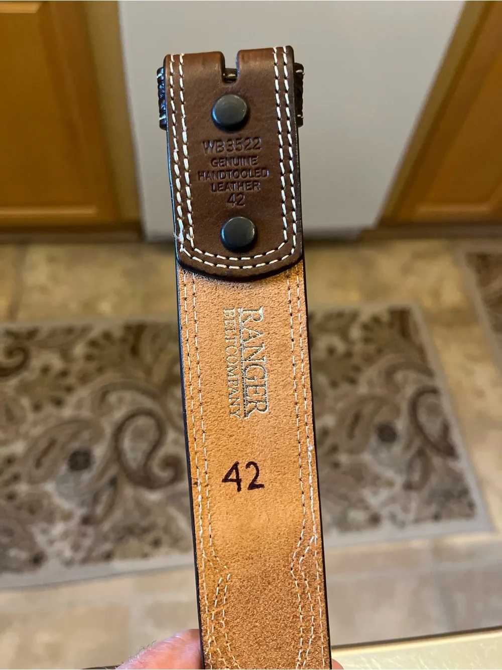 Men's 42 hair on hand tooled Leather Belt with removable Chicago screw conchos